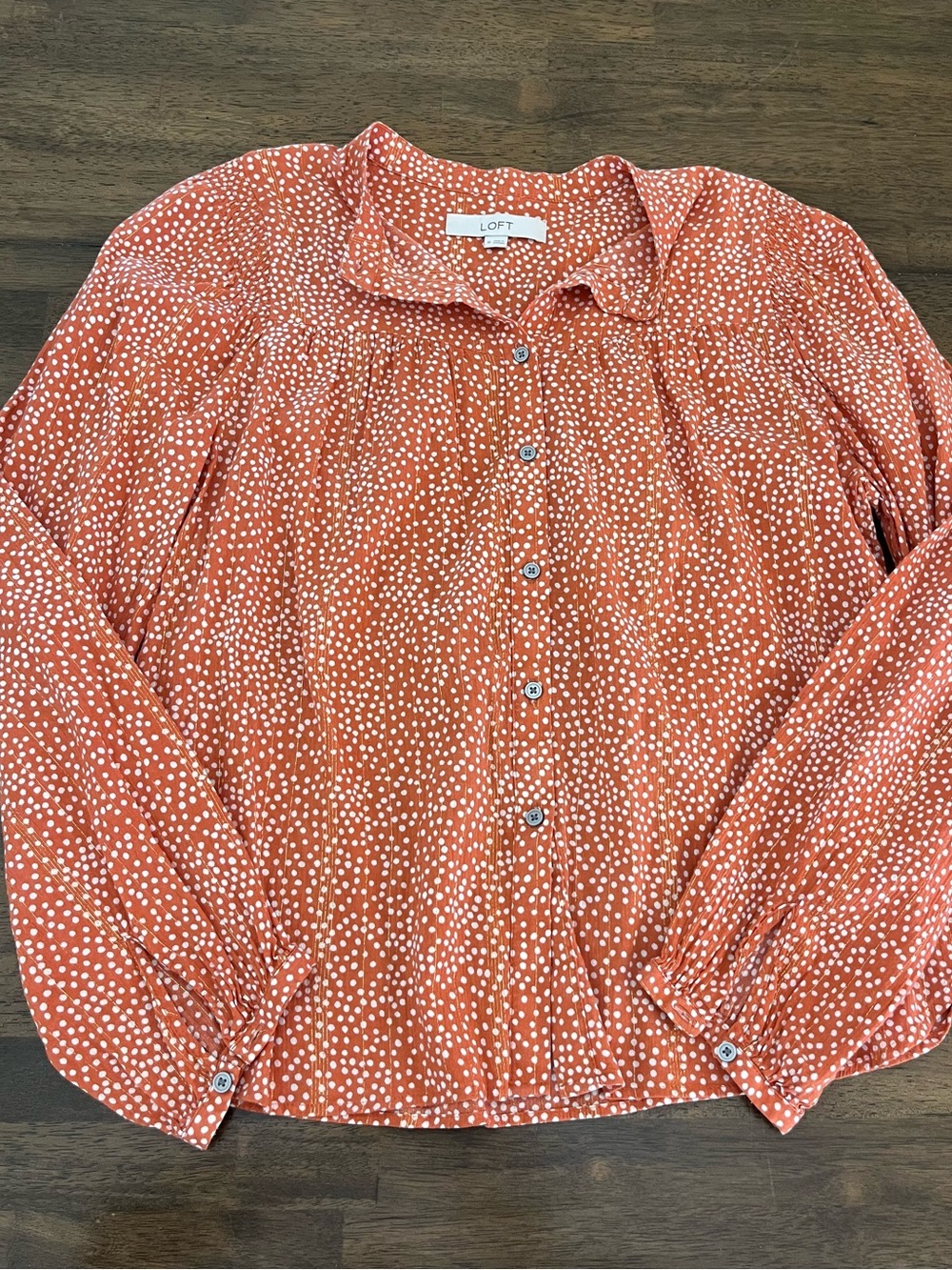 LOFT Rust Orange Dot Button-Front Blouse Long Sleeves Classic Cotton Medium - Picture 1 of 8
